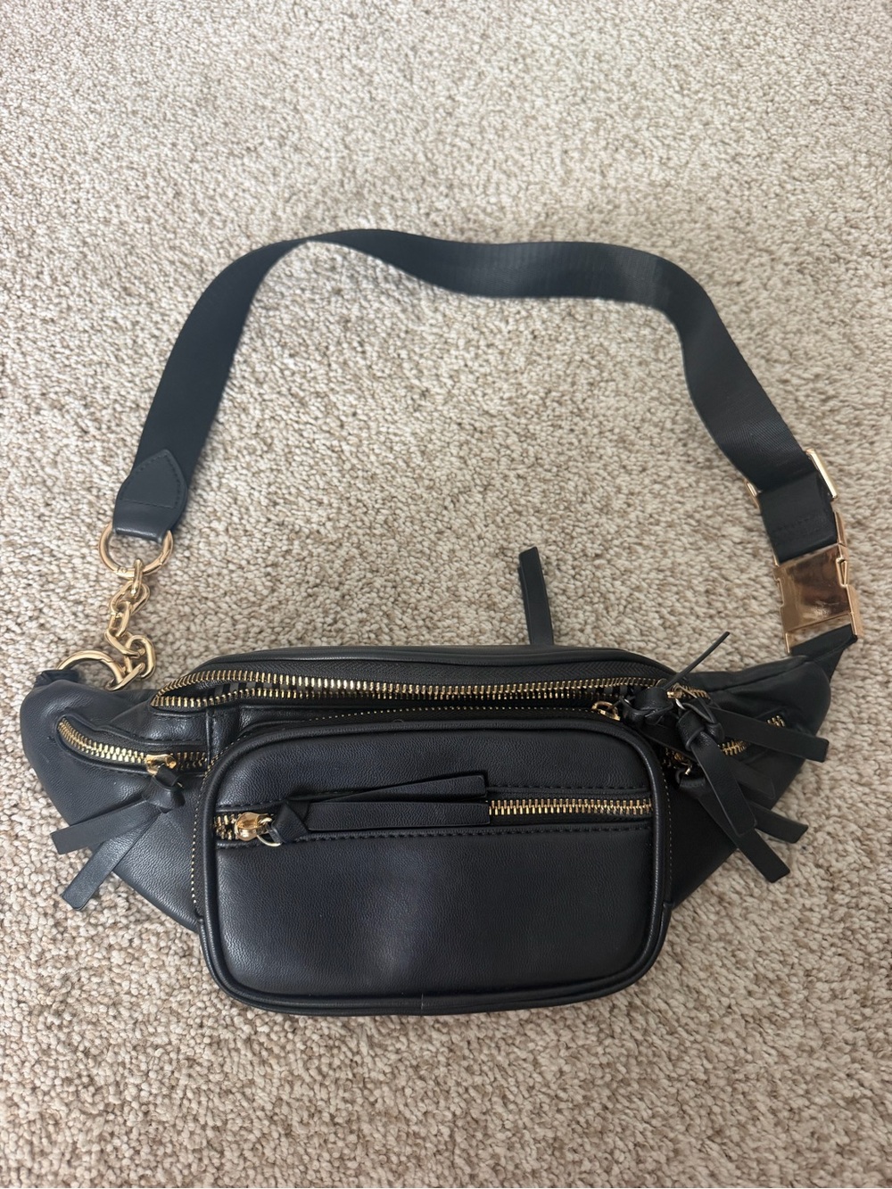 Black Leather Waist Bag with Gold Hardware